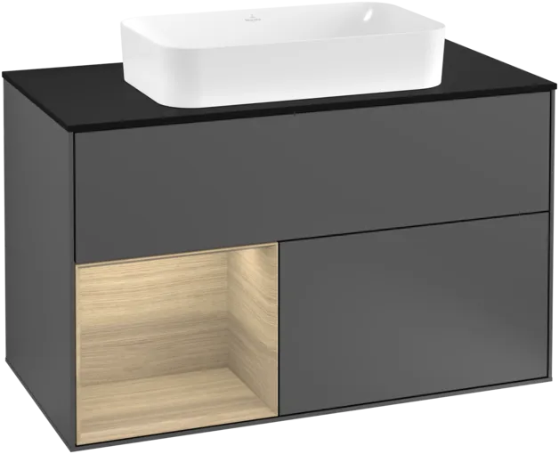 VILLEROY BOCH Toaletní skříňka Finion, s osvětlením, 2 výsuvy, 1000 x 603 x 501 mm, antracitový matný lak / dubová dýha / černé matné sklo #F242PCGK