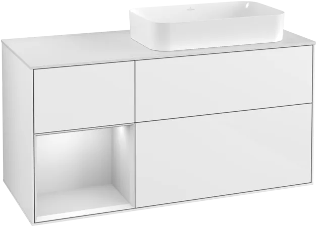 VILLEROY BOCH Toaletní skříňka Finion, s osvětlením, 3 výsuvy, 1200 x 603 x 501 mm, lesklý bílý lak / bílý matný lak / bílé matné sklo #F271MTGF
