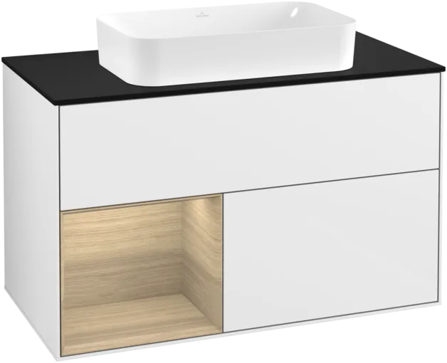 VILLEROY BOCH Toaletní skříňka Finion, s osvětlením, 2 výsuvy, 1000 x 603 x 501 mm, lesklý bílý lak / dubová dýha / černé matné sklo #F242PCGF