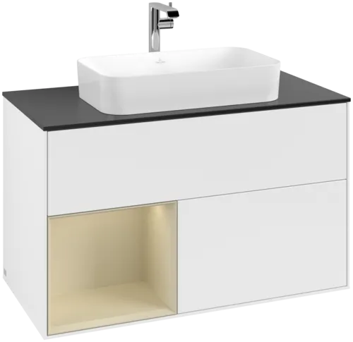 VILLEROY BOCH Toaletní skříňka Finion, s osvětlením, 2 výsuvy, 1000 x 603 x 501 mm, bílý matný lak / hedvábně šedý matný lak / černé matné sklo #F242HJMT