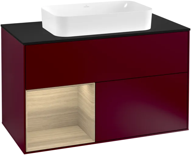 VILLEROY BOCH Toaletní stolek Finion, s osvětlením, 2 výsuvy, 1000 x 603 x 501 mm, matný lak Peony / dubová dýha / černé matné sklo #F242PCHB