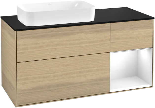VILLEROY BOCH Toaletní skříňka Finion, s osvětlením, 3 výsuvy, 1200 x 603 x 501 mm, dubová dýha / lesklý bílý lak / černé matné sklo #F282GFPC
