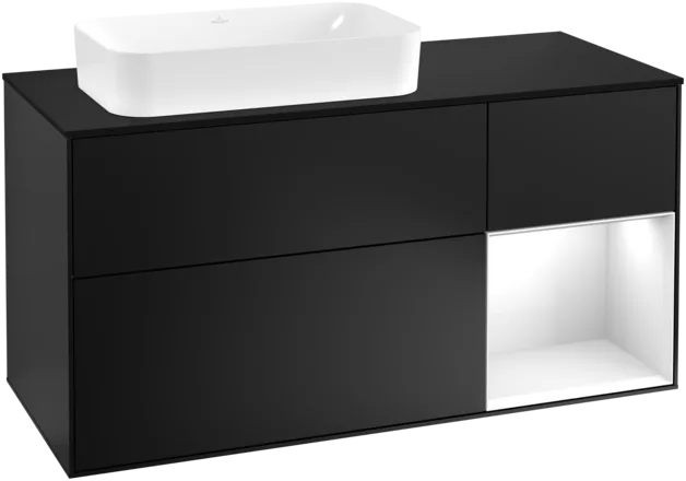 VILLEROY BOCH Toaletní skříňka Finion, s osvětlením, 3 výsuvy, 1200 x 603 x 501 mm, černý matný lak / bílý lesklý lak / černé matné sklo #F282GFPD