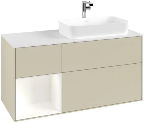 VILLEROY BOCH Toaletní skříňka Finion, s osvětlením, 3 výsuvy, 1200 x 603 x 501 mm, Silk Grey Matt Lacquer / White Matt Lacquer / Glass White Matt #F271MTHJ