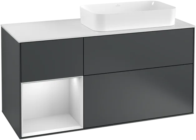 VILLEROY BOCH Toaletní skříňka Finion, s osvětlením, 3 výsuvy, 1200 x 603 x 501 mm, Midnight Blue Matt Lacquer / White Matt Lacquer / Glass White Matt #F271MTHG