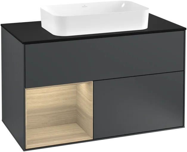 VILLEROY BOCH Toaletní skříňka Finion, s osvětlením, 2 výsuvy, 1000 x 603 x 501 mm, Midnight Blue Matt Lacquer / Oak Veneer / Glass Black Matt #F242PCHG