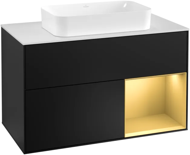 VILLEROY BOCH Toaletní skříňka Finion, s osvětlením, 2 výsuvy, 1000 x 603 x 501 mm, černý matný lak / zlatý matný lak / bílé matné sklo #F251HFPD