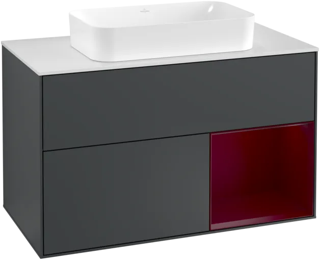 VILLEROY BOCH Toaletní skříňka Finion, s osvětlením, 2 výsuvy, 1000 x 603 x 501 mm, Midnight Blue Matt Lacquer / Peony Matt Lacquer / Glass White Matt #F251HBHG