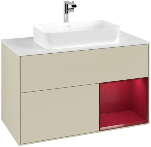 VILLEROY BOCH Toaletní skříňka Finion, s osvětlením, 2 výsuvy, 1000 x 603 x 501 mm, Silk Grey Matt Lacquer / Peony Matt Lacquer / Glass White Matt #F251HBHJ