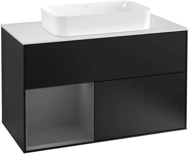 VILLEROY BOCH Toaletní skříňka Finion, s osvětlením, 2 výsuvy, 1000 x 603 x 501 mm, černý matný lak / antracitový matný lak / bílé matné sklo #F241GKPD