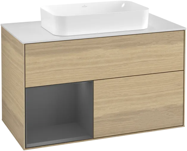 VILLEROY BOCH Toaletní skříňka Finion, s osvětlením, 2 výsuvy, 1000 x 603 x 501 mm, dubová dýha / antracitový matný lak / bílé matné sklo #F241GKPC