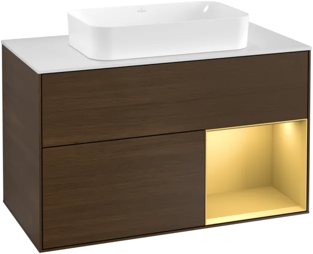 VILLEROY BOCH Toaletní stolek Finion, s osvětlením, 2 výsuvy, 1000 x 603 x 501 mm, ořechová dýha / zlatý matný lak / sklo bílé matné #F251HFGN