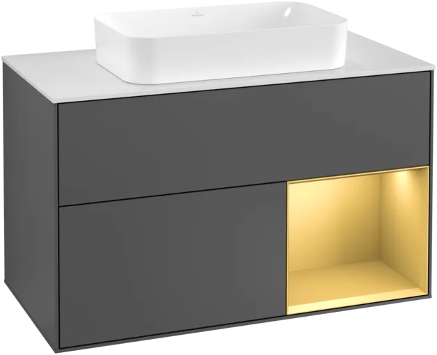 VILLEROY BOCH Toaletní skříňka Finion, s osvětlením, 2 výsuvy, 1000 x 603 x 501 mm, antracitový matný lak / zlatý matný lak / bílé matné sklo #F251HFGK