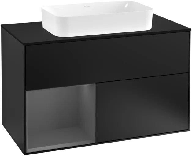 VILLEROY BOCH Toaletní skříňka Finion, s osvětlením, 2 výsuvy, 1000 x 603 x 501 mm, černý matný lak / antracitový matný lak / černé matné sklo #F242GKPD
