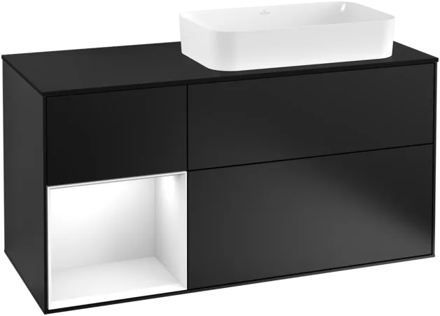 VILLEROY BOCH Toaletní skříňka Finion, s osvětlením, 3 výsuvy, 1200 x 603 x 501 mm, černý matný lak / bílý lesklý lak / černé matné sklo #F272GFPD