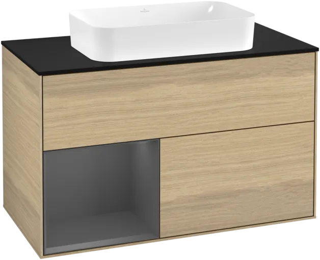 VILLEROY BOCH Toaletní skříňka Finion, s osvětlením, 2 výsuvy, 1000 x 603 x 501 mm, dubová dýha / antracitový matný lak / černé matné sklo #F242GKPC
