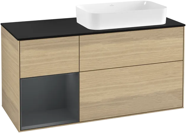 VILLEROY BOCH Toaletní skříňka Finion, s osvětlením, 3 výsuvy, 1200 x 603 x 501 mm, dubová dýha / půlnočně modrý matný lak / černé matné sklo #F272HGPC