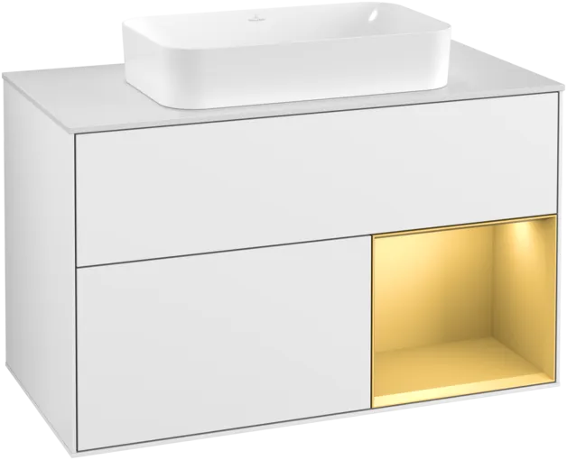 VILLEROY BOCH Toaletní skříňka Finion, s osvětlením, 2 výsuvy, 1000 x 603 x 501 mm, lesklý bílý lak / zlatý matný lak / bílé matné sklo #F251HFGF