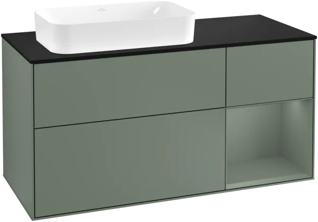 VILLEROY BOCH Toaletní skříňka Finion, s osvětlením, 3 výsuvy, 1200 x 603 x 501 mm, olivově matný lak / olivově matný lak / sklo černé matné #F282GMGM