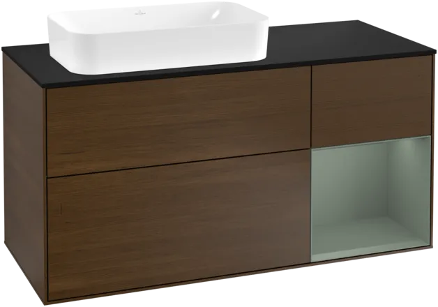 VILLEROY BOCH Toaletní skříňka Finion, s osvětlením, 3 výsuvy, 1200 x 603 x 501 mm, ořechová dýha / olivově matný lak / sklo černé matné #F282GMGN