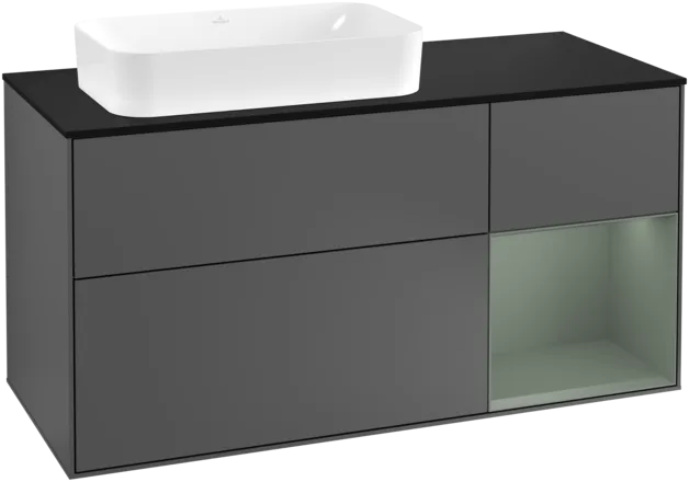 VILLEROY BOCH Toaletní skříňka Finion, s osvětlením, 3 výsuvy, 1200 x 603 x 501 mm, antracitový matný lak / olivový matný lak / černé matné sklo #F282GMGK