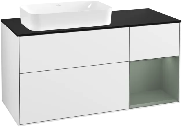 VILLEROY BOCH Toaletní skříňka Finion, s osvětlením, 3 výsuvy, 1200 x 603 x 501 mm, lesklý bílý lak / olivově matný lak / černé matné sklo #F282GMGF