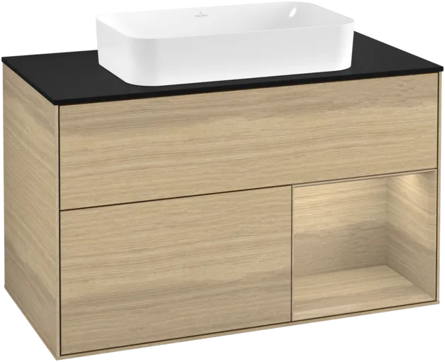 VILLEROY BOCH Toaletní stolek Finion, s osvětlením, 2 výsuvy, 1000 x 603 x 501 mm, dubová dýha / dubová dýha / sklo černé matné #F252PCPC