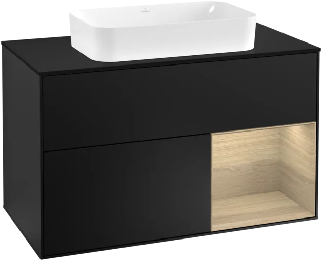 VILLEROY BOCH Toaletní skříňka Finion, s osvětlením, 2 výsuvy, 1000 x 603 x 501 mm, černý matný lak / dubová dýha / černé matné sklo #F252PCPD