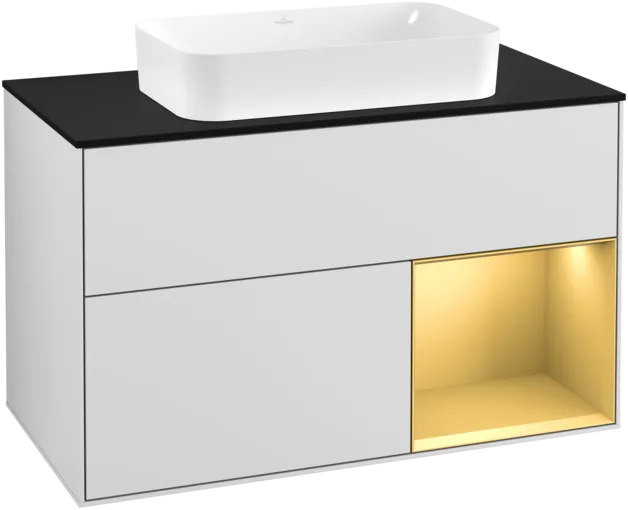 VILLEROY BOCH Toaletní skříňka Finion, s osvětlením, 2 výsuvy, 1000 x 603 x 501 mm, bílý matný lak / zlatý matný lak / černé matné sklo #F252HFMT