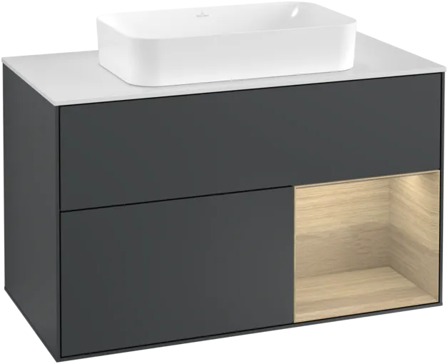 VILLEROY BOCH Toaletní skříňka Finion, s osvětlením, 2 výsuvy, 1000 x 603 x 501 mm, Midnight Blue Matt Lacquer / Oak Veneer / Glass White Matt #F251PCHG