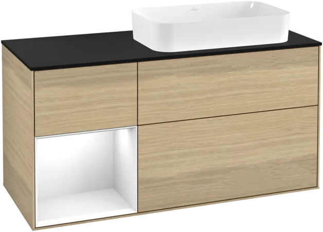 VILLEROY BOCH Toaletní skříňka Finion, s osvětlením, 3 výsuvy, 1200 x 603 x 501 mm, dubová dýha / lesklý bílý lak / černé matné sklo #F272GFPC