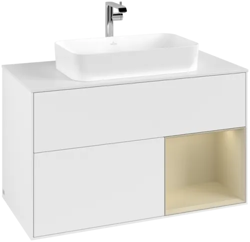 VILLEROY BOCH Toaletní skříňka Finion, s osvětlením, 2 výsuvy, 1000 x 603 x 501 mm, bílý matný lak / hedvábně šedý matný lak / bílé matné sklo #F251HJMT