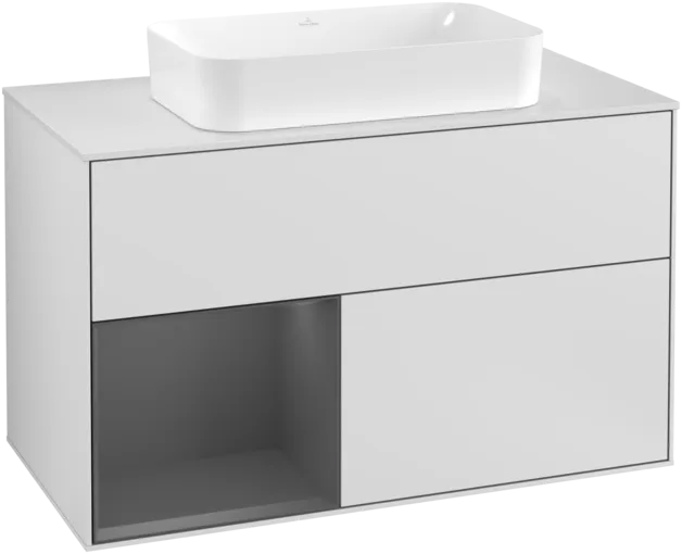 VILLEROY BOCH Toaletní skříňka Finion, s osvětlením, 2 výsuvy, 1000 x 603 x 501 mm, bílý matný lak / antracitový matný lak / bílé matné sklo #F241GKMT