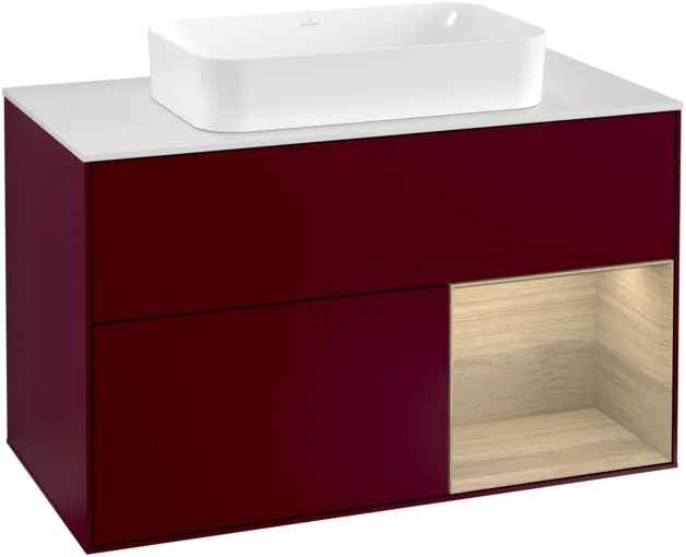 VILLEROY BOCH Toaletní skříňka Finion, s osvětlením, 2 výsuvy, 1000 x 603 x 501 mm, matný lak Peony / dubová dýha / bílé matné sklo #F251PCHB