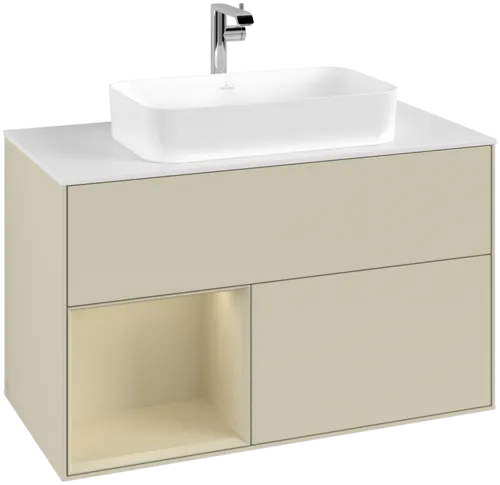 VILLEROY BOCH Toaletní skříňka Finion, s osvětlením, 2 výsuvy, 1000 x 603 x 501 mm, Silk Grey Matt Lacquer / Silk Grey Matt Lacquer / Glass White Matt #F241HJHJ
