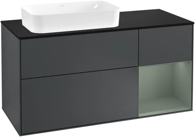 VILLEROY BOCH Toaletní skříňka Finion, s osvětlením, 3 výsuvy, 1200 x 603 x 501 mm, Midnight Blue Matt Lacquer / Olive Matt Lacquer / Glass Black Matt #F282GMHG
