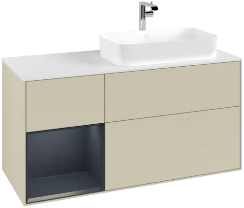 VILLEROY BOCH Toaletní skříňka Finion, s osvětlením, 3 výsuvy, 1200 x 603 x 501 mm, hedvábně šedý matný lak / půlnočně modrý matný lak / bílé matné sklo #F271HGHJ