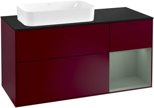 VILLEROY BOCH Toaletní skříňka Finion, s osvětlením, 3 výsuvy, 1200 x 603 x 501 mm, Pivoňka matný lak / Olivový matný lak / Sklo černé matné #F282GMHB
