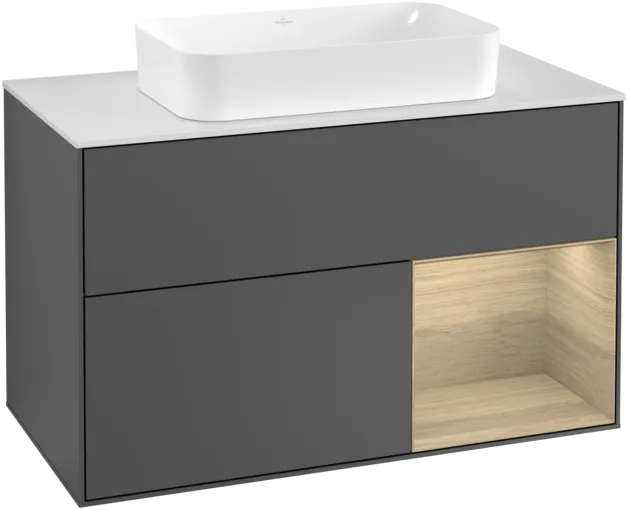 VILLEROY BOCH Toaletní skříňka Finion, s osvětlením, 2 výsuvy, 1000 x 603 x 501 mm, antracit matný lak / dubová dýha / sklo bílé matné #F251PCGK