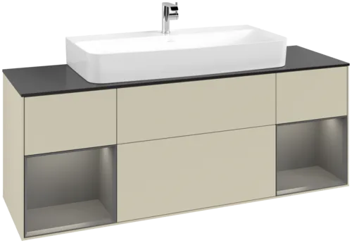 VILLEROY BOCH Toaletní skříňka Finion, s osvětlením, 4 výsuvy, 1600 x 603 x 501 mm, hedvábně šedý matný lak / antracitový matný lak / černé matné sklo #F212GKHJ