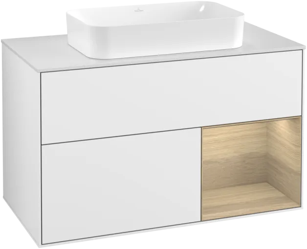 VILLEROY BOCH Toaletní skříňka Finion, s osvětlením, 2 výsuvy, 1000 x 603 x 501 mm, lesklý bílý lak / dubová dýha / sklo bílé matné #F251PCGF