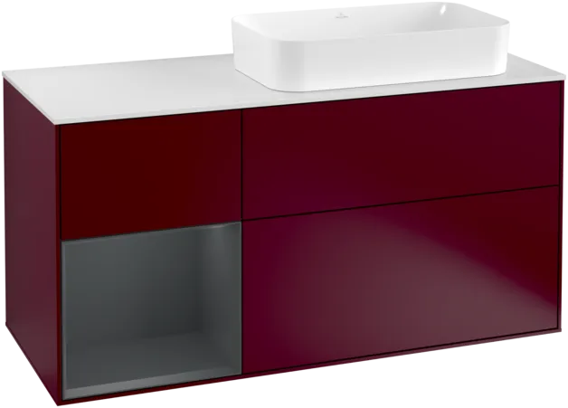 VILLEROY BOCH Toaletní skříňka Finion, s osvětlením, 3 výsuvy, 1200 x 603 x 501 mm, Pivoňka matný lak / Půlnoční modrá matný lak / Sklo bílé matné #F271HGHB