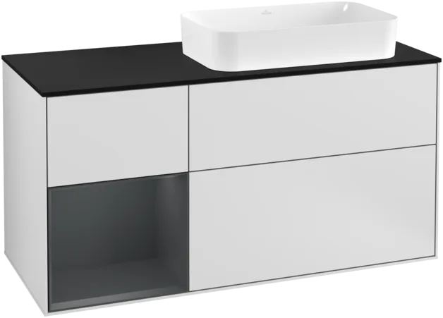 VILLEROY BOCH Toaletní skříňka Finion, s osvětlením, 3 výsuvy, 1200 x 603 x 501 mm, bílý matný lak / půlnoční modrý matný lak / černé matné sklo #F272HGMT