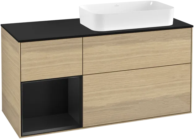 VILLEROY BOCH Toaletní skříňka Finion, s osvětlením, 3 výsuvy, 1200 x 603 x 501 mm, dubová dýha / černý matný lak / černé matné sklo #F272PDPC