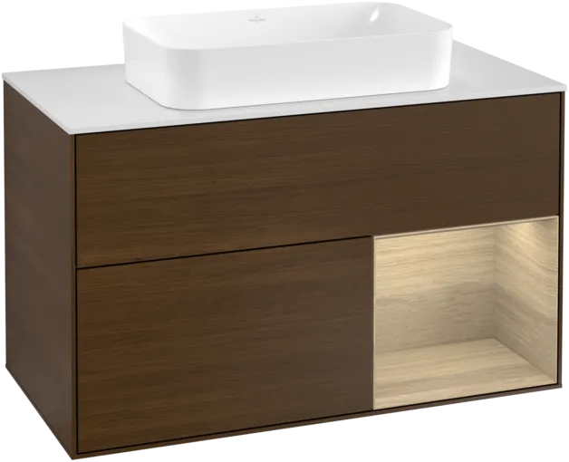 VILLEROY BOCH Umyvadlová skříňka Finion, s osvětlením, 2 výsuvy, 1000 x 603 x 501 mm, ořechová dýha / dubová dýha / sklo bílé matné #F251PCGN