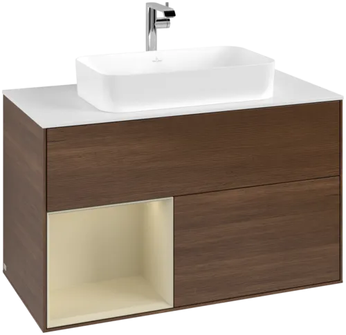 VILLEROY BOCH Toaletní skříňka Finion, s osvětlením, 2 výsuvy, 1000 x 603 x 501 mm, ořechová dýha / hedvábně šedý matný lak / sklo bílé matné #F241HJGN