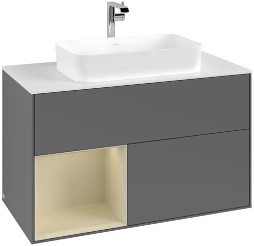 VILLEROY BOCH Toaletní skříňka Finion, s osvětlením, 2 výsuvy, 1000 x 603 x 501 mm, antracit matný lak / hedvábně šedý matný lak / sklo bílé matné #F241HJGK