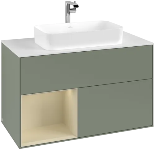VILLEROY BOCH Toaletní skříňka Finion, s osvětlením, 2 výsuvy, 1000 x 603 x 501 mm, olivový matný lak / hedvábně šedý matný lak / bílé matné sklo #F241HJGM