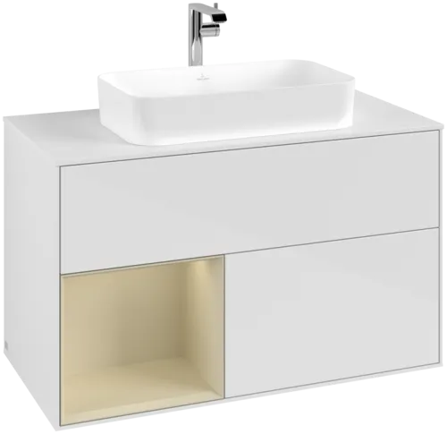 VILLEROY BOCH Toaletní skříňka Finion, s osvětlením, 2 výsuvy, 1000 x 603 x 501 mm, lesklý bílý lak / hedvábně šedý matný lak / bílé matné sklo #F241HJGF