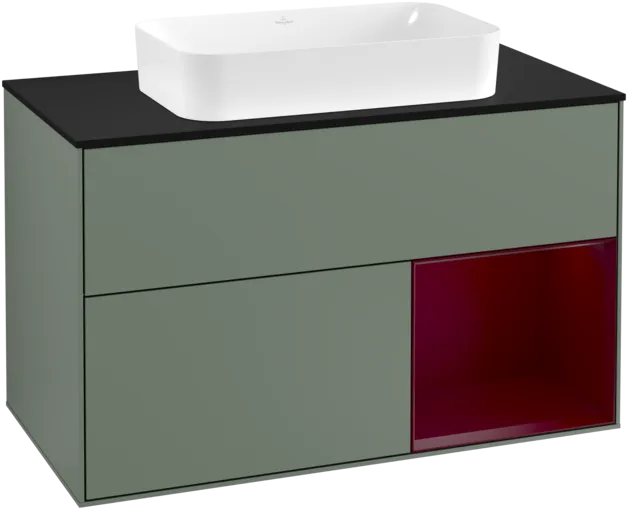 VILLEROY BOCH Toaletní skříňka Finion, s osvětlením, 2 výsuvy, 1000 x 603 x 501 mm, olivový matný lak / pivoňkový matný lak / černé matné sklo #F252HBGM